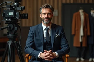Acteur du film Le Nounou Mariage en costume marine assis dans un fauteuil de réalisateur sur le plateau de tournage
