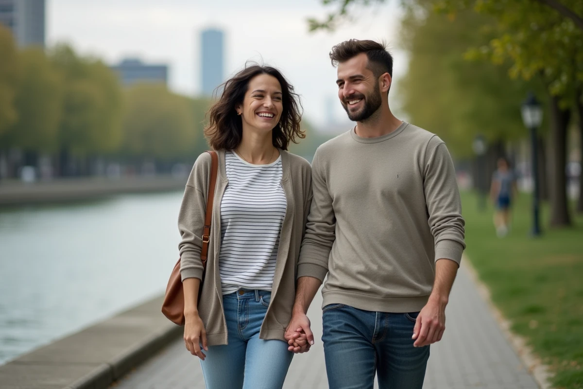 Couple heureux se promenant main dans la main au bord d'une rivière urbaine, évoquant la relation sentimentale d'Alicia Dauby