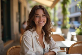 Jeune femme souriante à une terrasse de café en Europe, illustrant la vie amoureuse d'Alicia Dauby en 2026