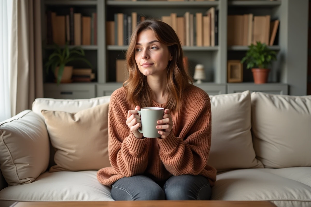 Jeune femme pensive dans un appartement parisien moderne, illustration intimiste de la vie personnelle d'Alicia Dauby