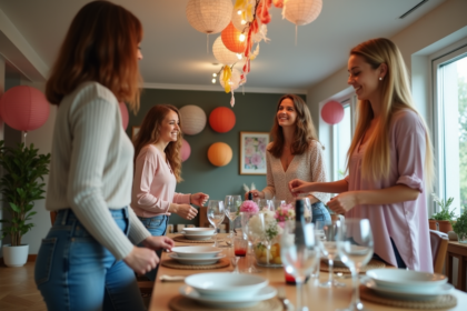 Groupe d'amis riant lors d'une fête dans un salon moderne