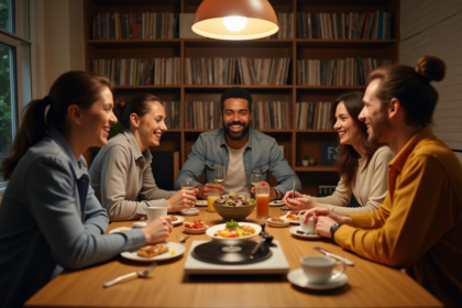 Groupe d'amis partageant un repas convivial à la maison