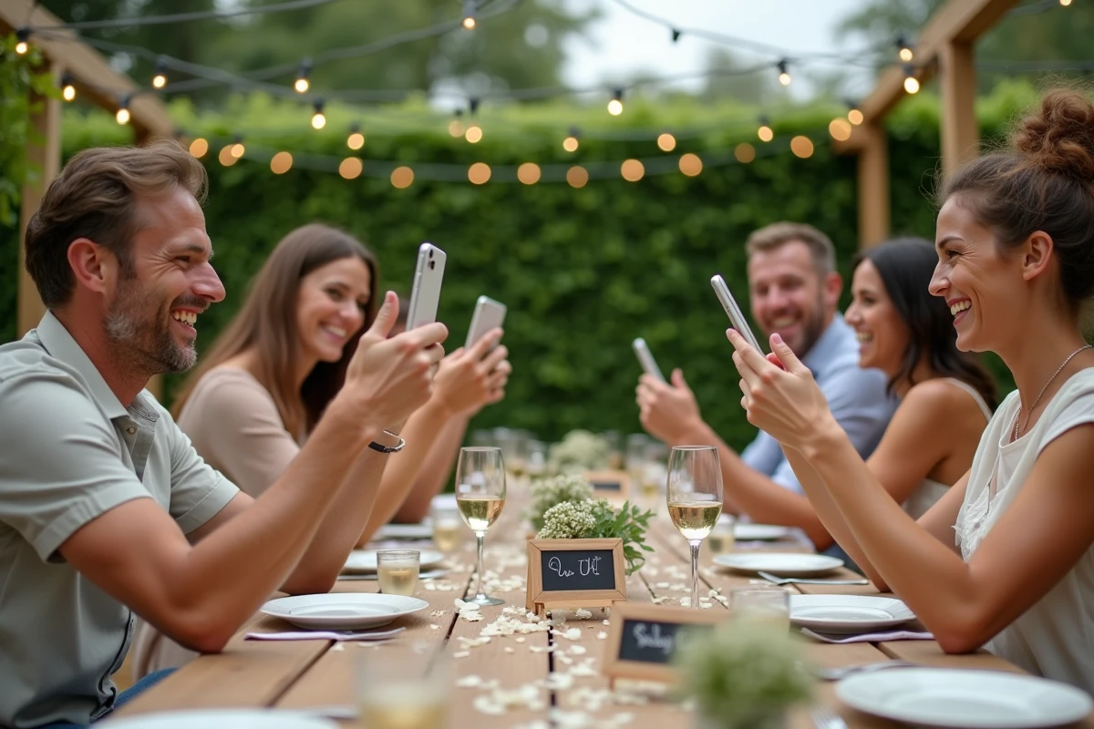 Groupe d'amis souriant avec des smartphones affichant des messages SMS humoristiques lors d'une réception de mariage en plein air