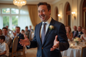 Homme en costume parlant lors d'un mariage élégant