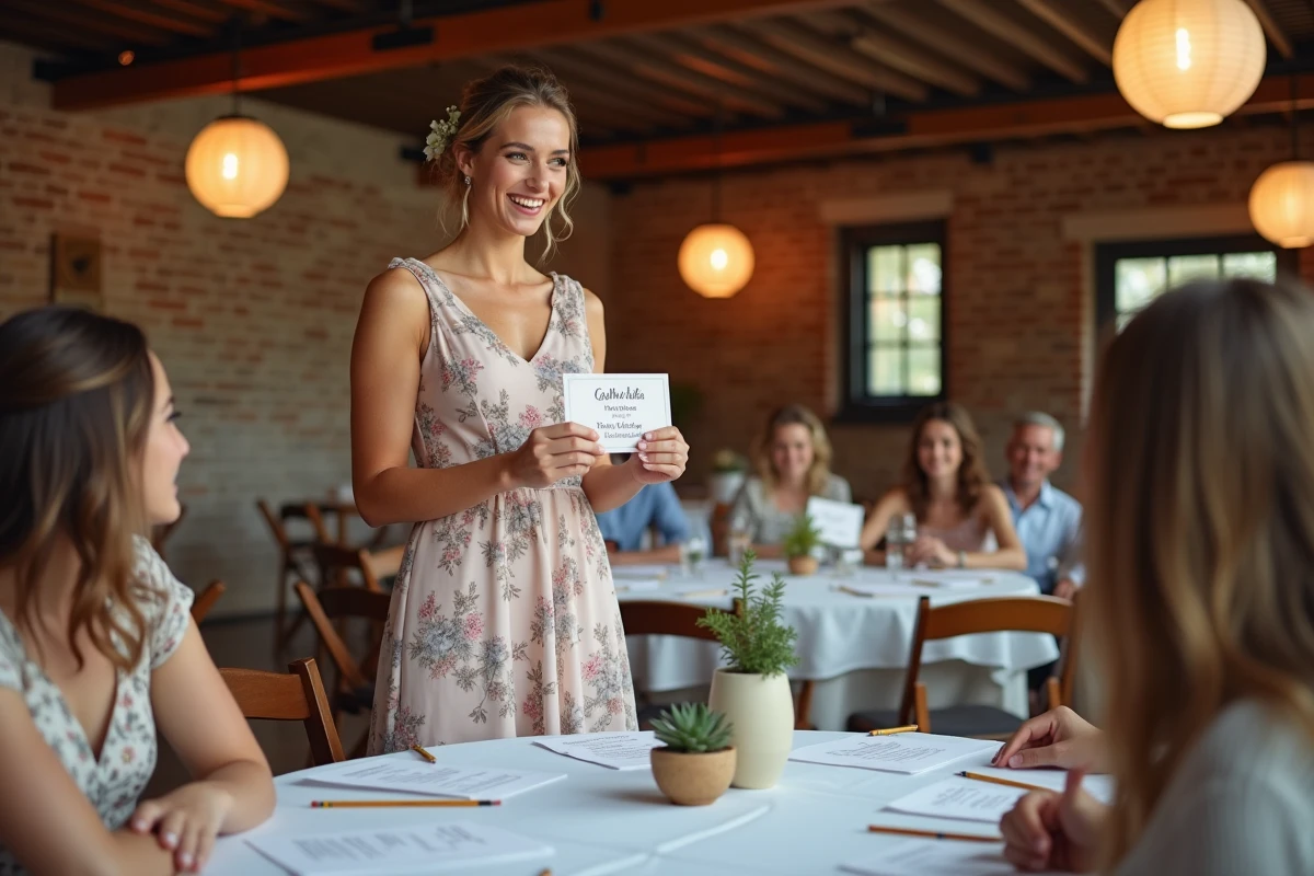 Demoiselle d'honneur animant un jeu de quiz mariage autour d'une table décorée dans une salle rustique