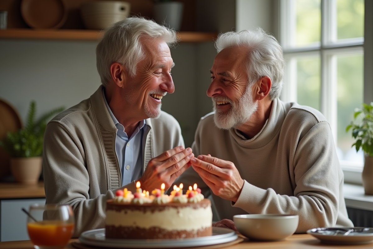 Couple célébrant anniversaire avec gateau dans une cuisine chaleureuse