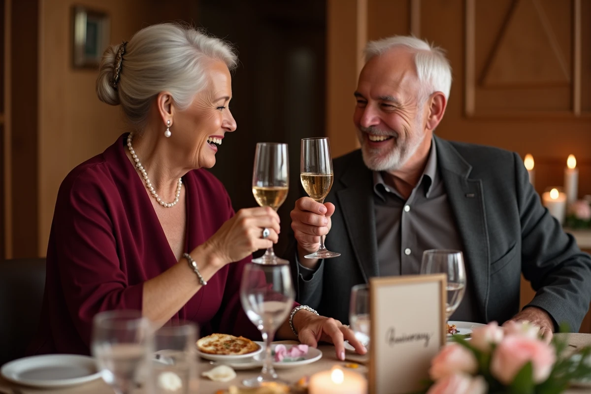 Couple senior fêtant leur anniversaire de mariage autour d'une table dressée avec champagne et bougies