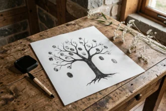 Arbre à empreintes mariage en noir et blanc posé sur une table en bois avec encreur et plume calligraphie