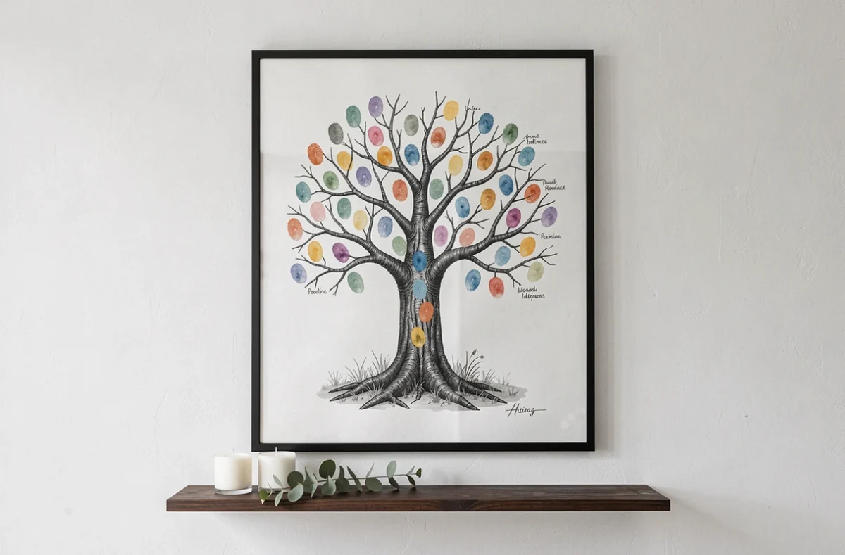 Arbre à empreintes mariage encadré en noir et blanc accroché sur un mur blanc avec empreintes de invités