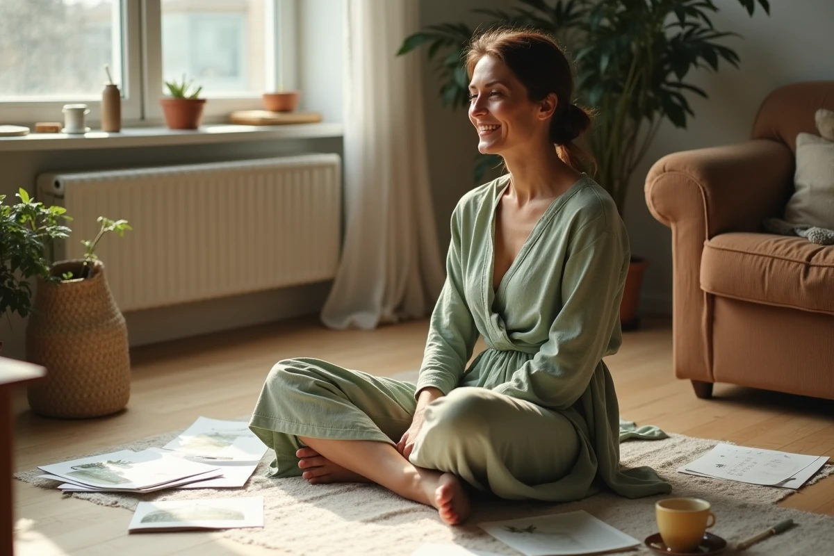 Femme artiste dans un appartement moderne entourée de partitions et de livres pour enfants, alliant maternité et carrière musicale