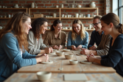 Groupe de personnes en atelier de poterie souriant