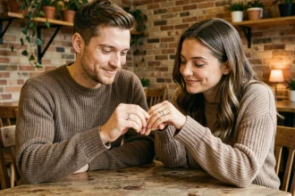 Couple assorti portant des bagues en argent identiques dans un café cosy, geste complice et tendre