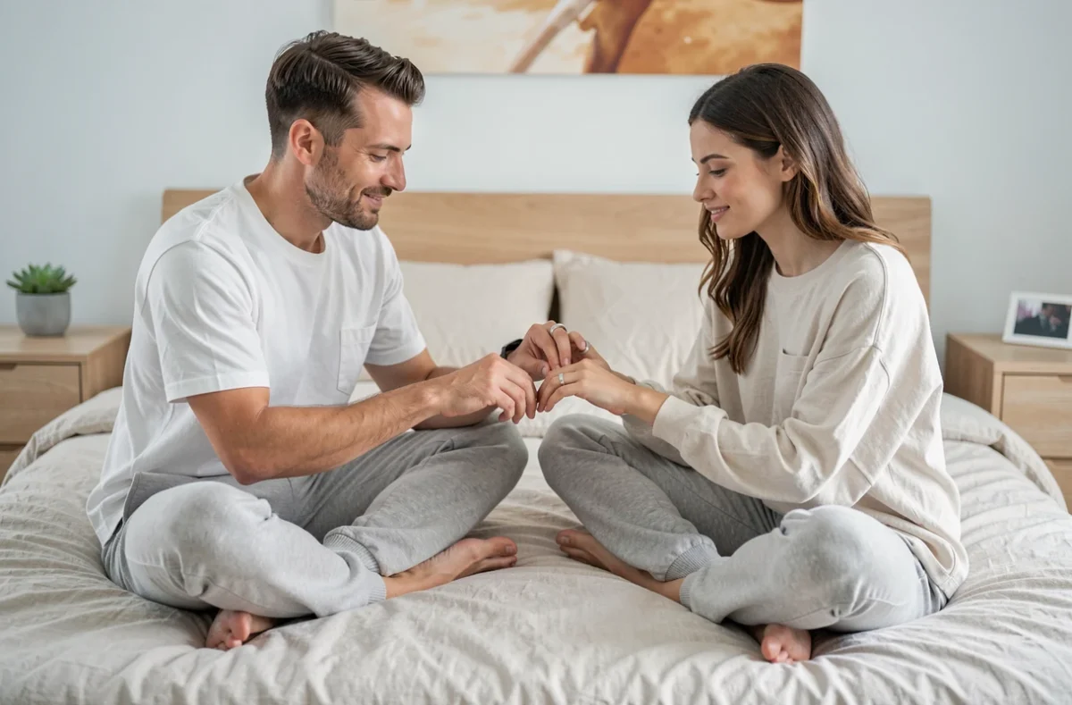 Couple échangeant des bagues assorties en titane sur un lit dans un appartement moderne et cosy