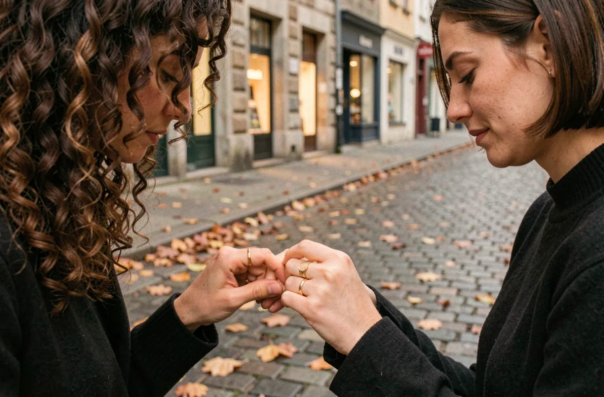 Deux femmes avec des bagues assorties dorées tenant leurs mains dans une rue pavée en automne