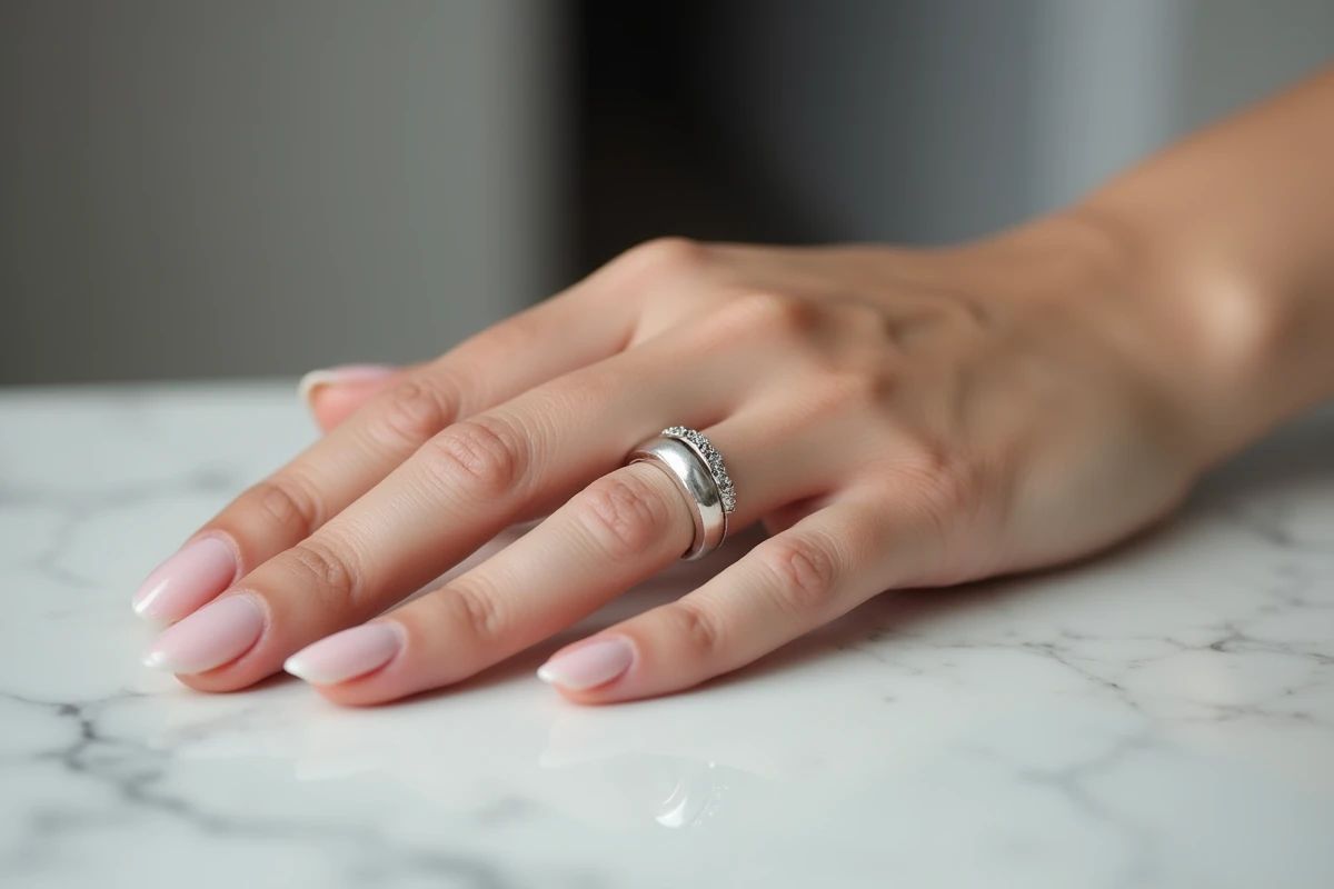 Bague duo couple en argent sterling portée par une femme adulte sur fond de marbre blanc dans un intérieur minimaliste