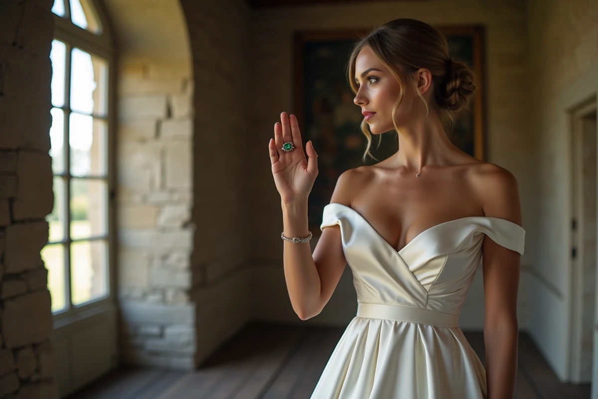 Mariée en robe satin portant une bague sur mesure à pierres taille émeraude dans un château historique