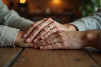 Deux mains de couple entrelacées portant des bagues duo assorties en argent et en or sur une table en bois rustique