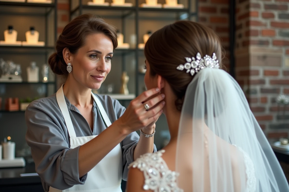 Bijoutière ajustant un peigne à cheveux en diamants sur mesure dans la coiffure d'une mariée en atelier