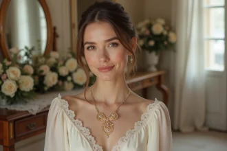 Mariée en robe ivoire tenant un collier en filigrane d'or sur mesure dans un atelier de couture parisien