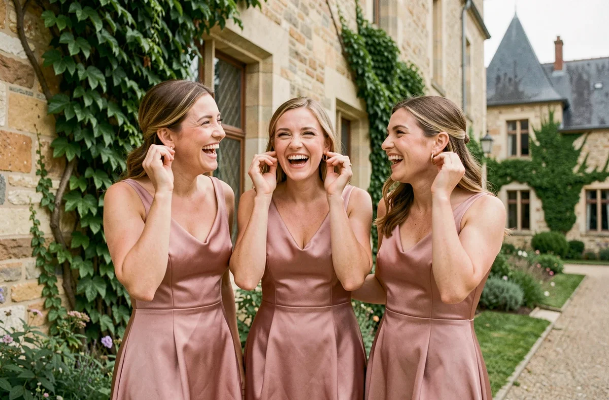 Trois demoiselles d'honneur en robe rose comparant leurs boucles d'oreilles dorées devant un château