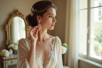 Mariée portant une boucle d'oreille pendante en perles et filigrane doré lors de sa préparation nuptiale
