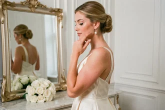 Mariée touchant son boucle d'oreille perle devant un miroir dans une suite nuptiale élégante