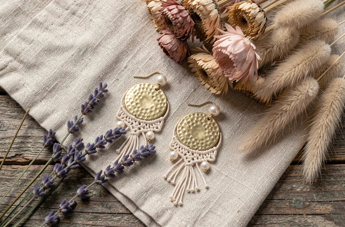 Boucles d'oreilles chandelier artisanales en or martelé avec perles d'eau douce et macramé, posées sur lin brut avec fleurs séchées et herbes de pampa pour un mariage bohème