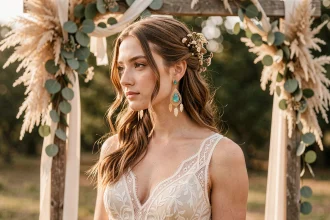Mariée bohème chic portant de longues boucles d'oreilles dorées avec pierres turquoise, coiffure semi-attachée ornée de fleurs séchées, arche en bois naturel et pampa en arrière-plan