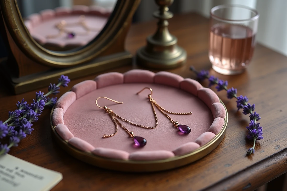 Boucles d'oreilles pendantes mariage en or rose et améthyste présentées sur plateau de velours vintage