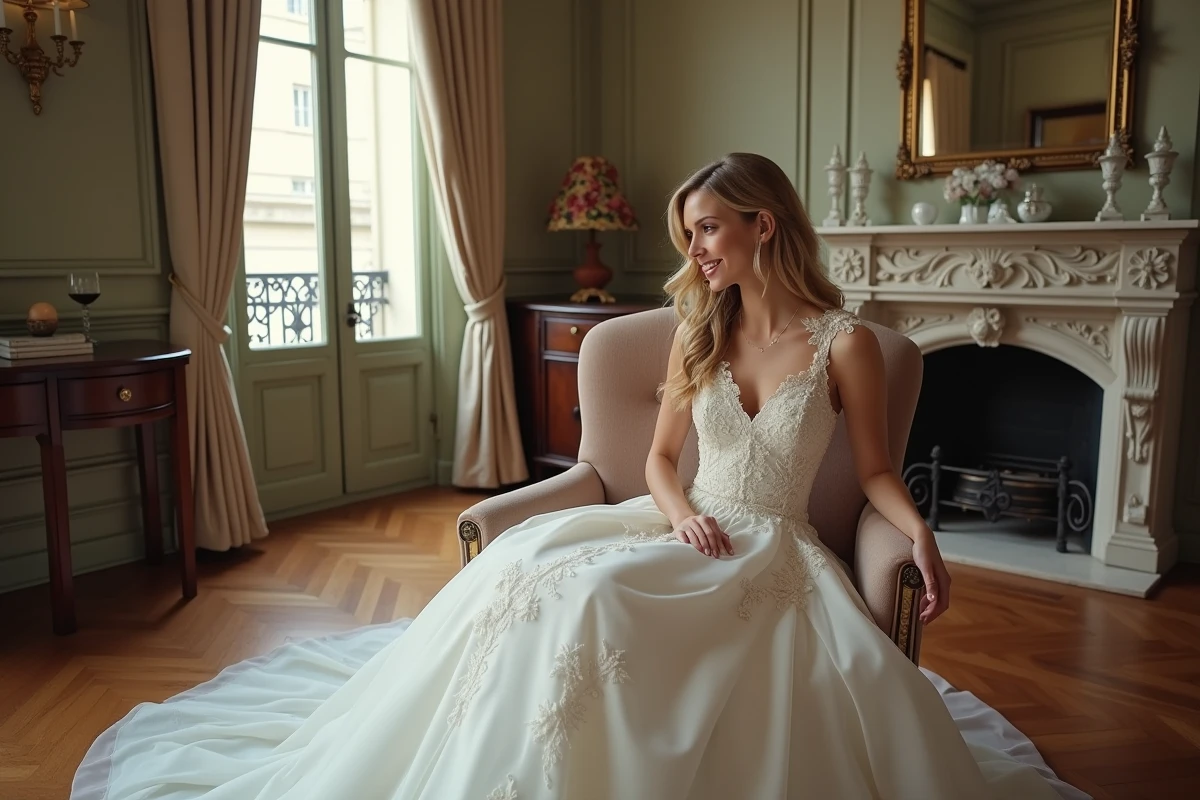 Mariée souriante dans un appartement parisien cosy