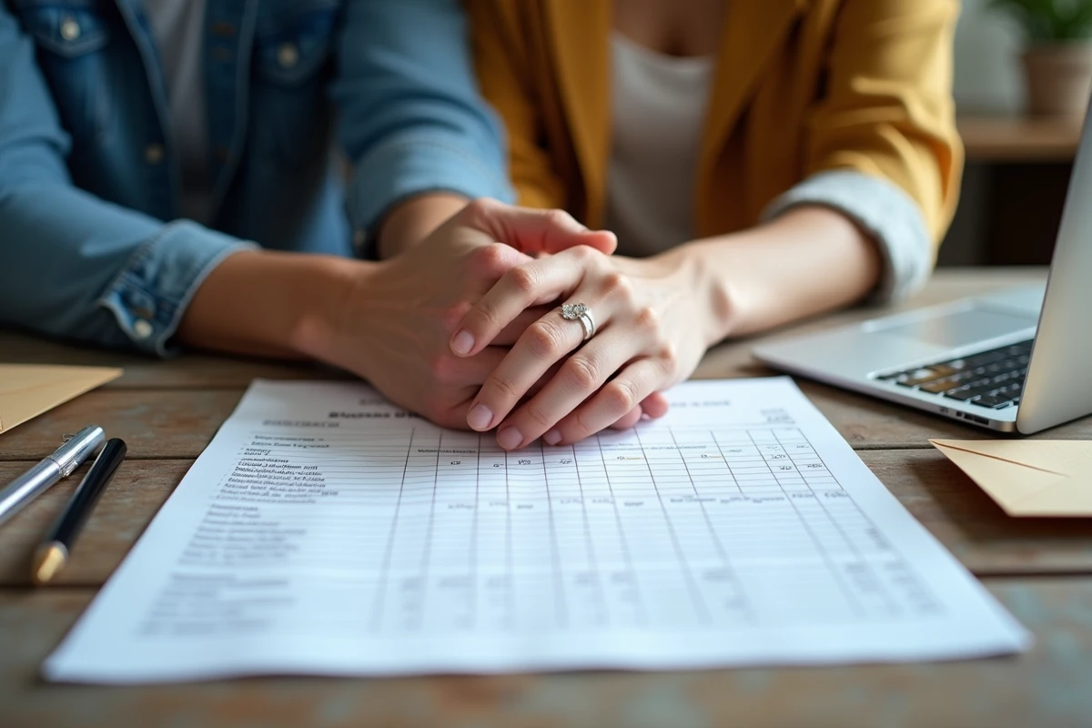 Couple français vérifiant leur budget de mariage sur une table en bois