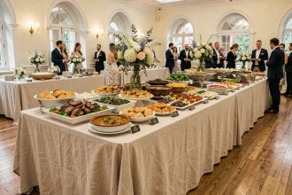 Buffet traiteur halal lors d'une réception de mariage avec des plats traditionnels élaborés sur tables décorées
