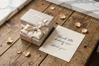 Idée de cadeau pour témoin de mariage : coffret élégant avec montre gravée, pochette en soie et carte manuscrite sur table en bois