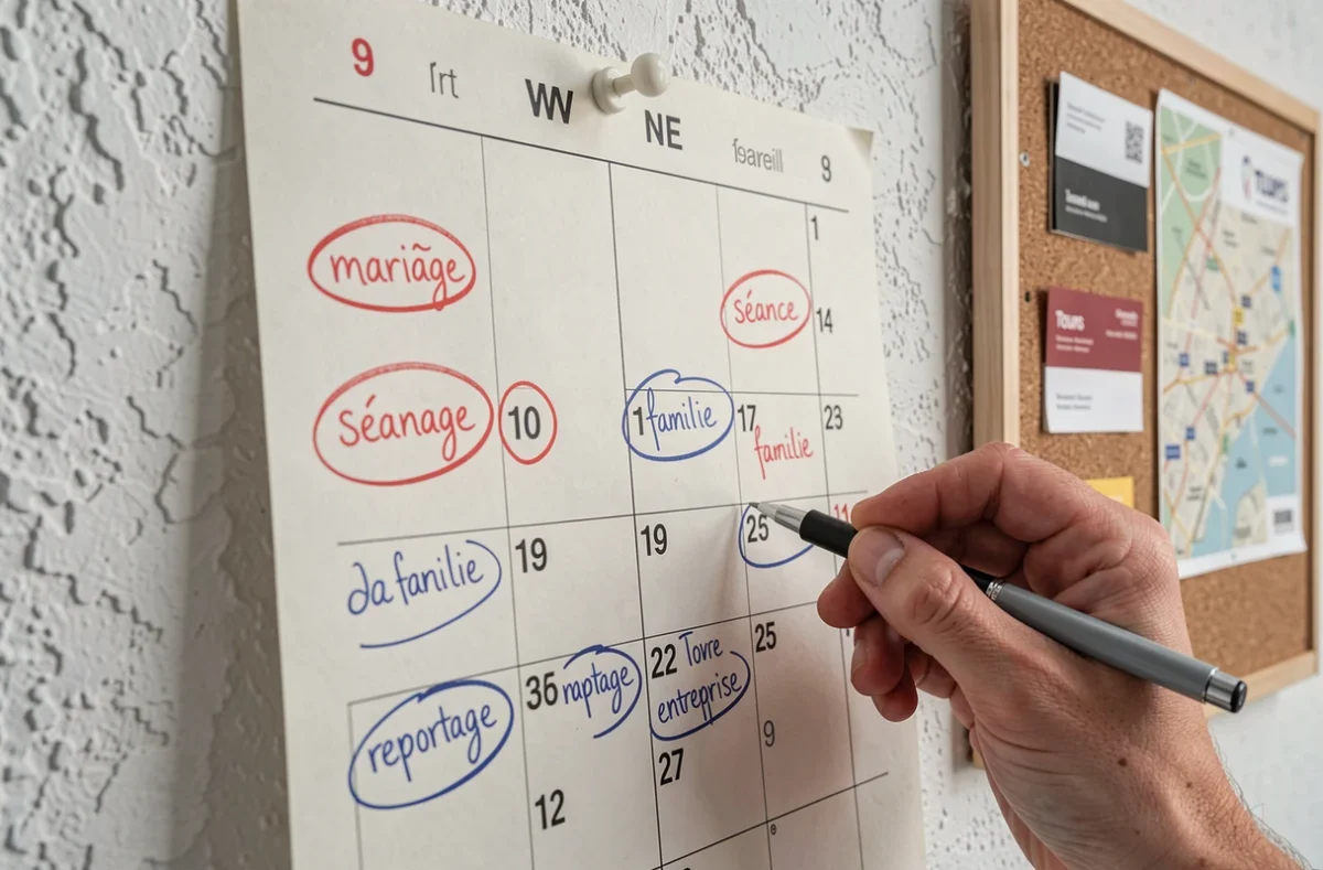 Calendrier de réservations d'un photographe à Tours avec des dates annotées pour des mariages et séances photo