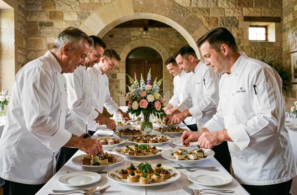 Équipe de Camille Réceptions dressant un buffet gastronomique élégant dans un mas en pierre du Languedoc