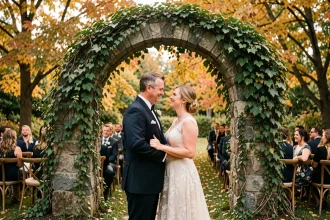 Cérémonie de mariage élégante en plein air dans un jardin québécois en automne avec couple devant arche en pierre couverte de lierre