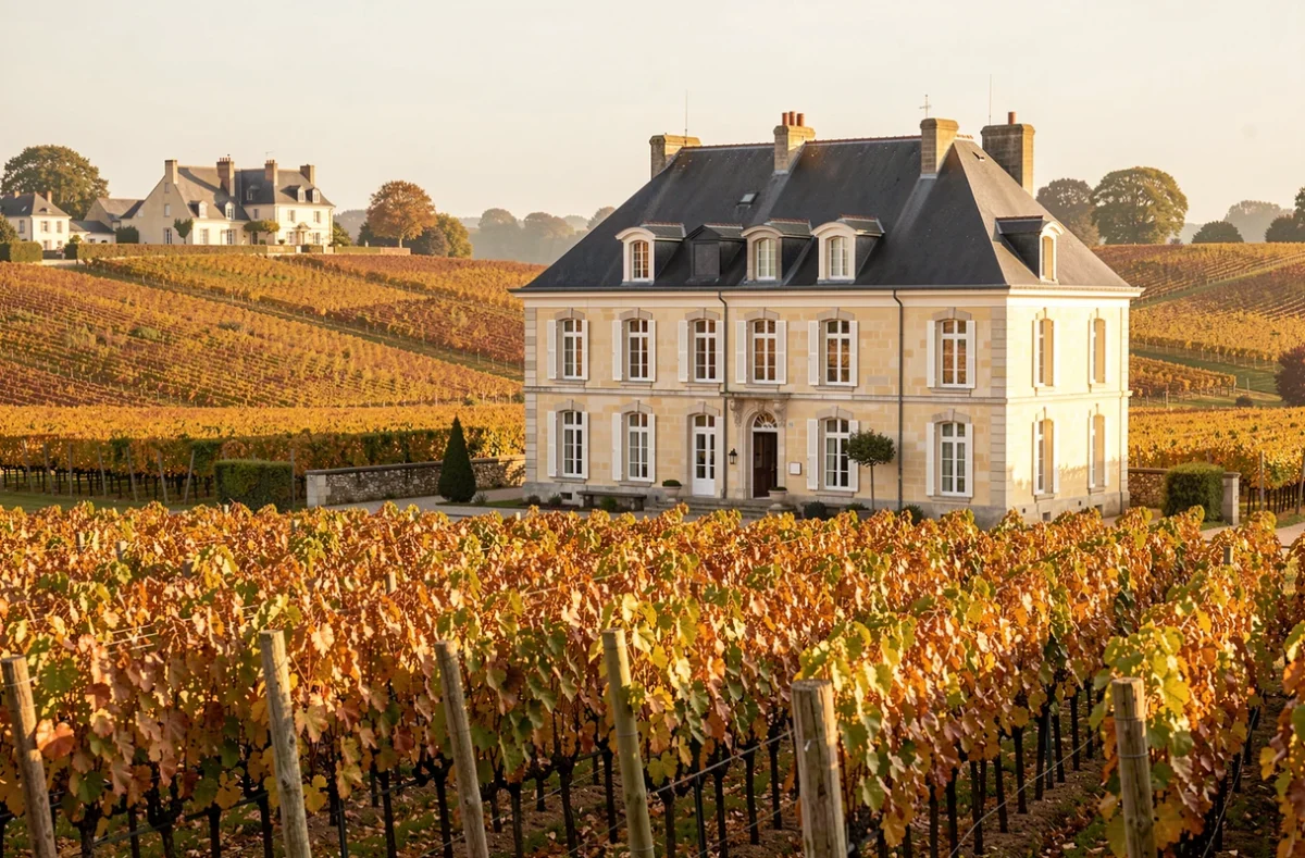 Château Cassemichère entouré de vignes dorées en saison des vendanges en Loire-Atlantique