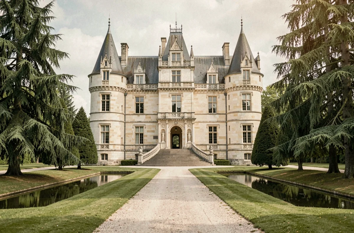 Façade néo-gothique du Château de Challain avec ses tourelles et son parc en Maine-et-Loire