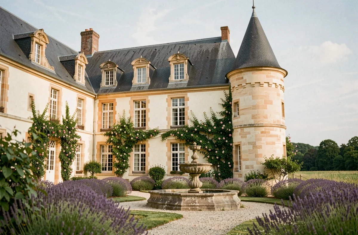 Manoir Renaissance du Château de Jalesnes avec sa tour ronde et ses roses grimpantes en Sarthe