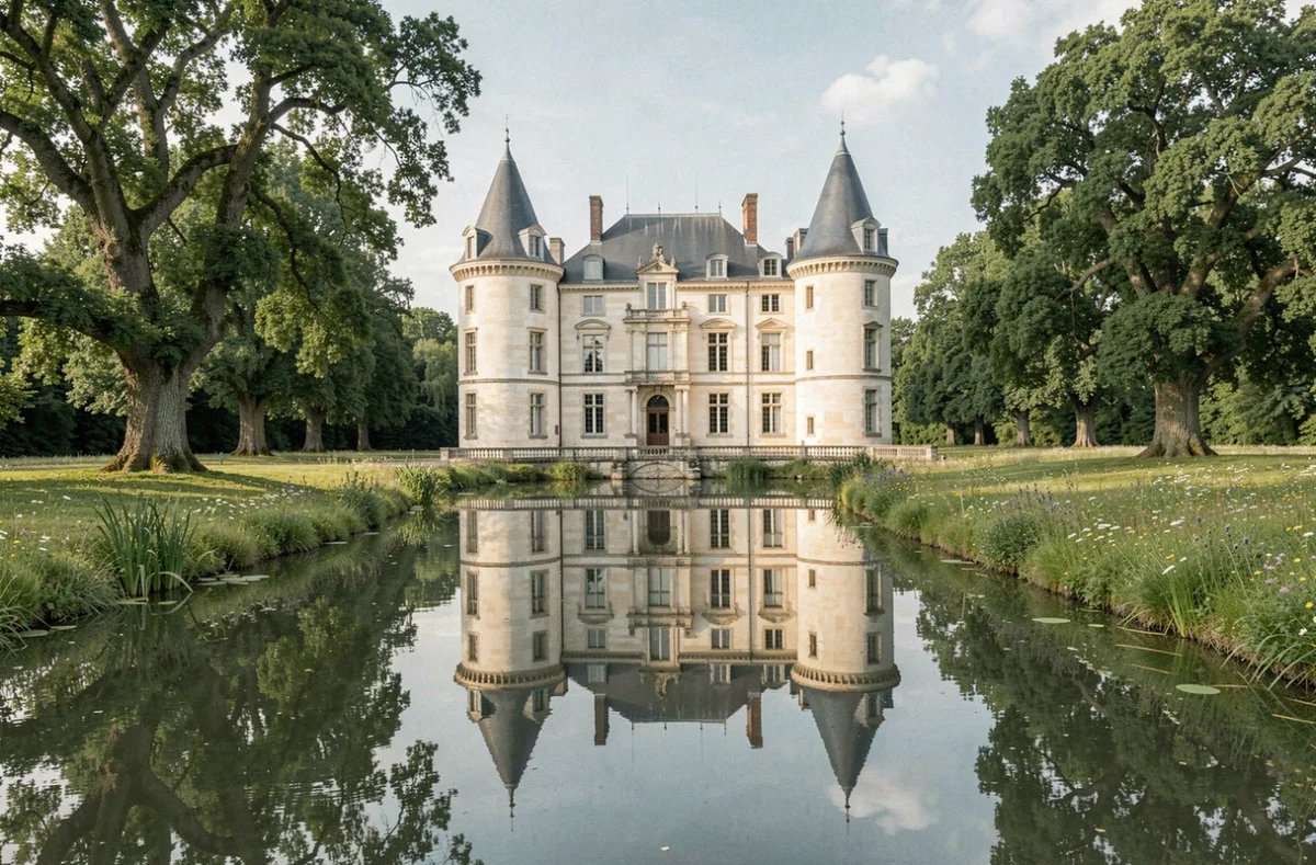 Château de la Chevallerie avec son reflet dans les douves entouré d'un parc boisé en Loire-Atlantique