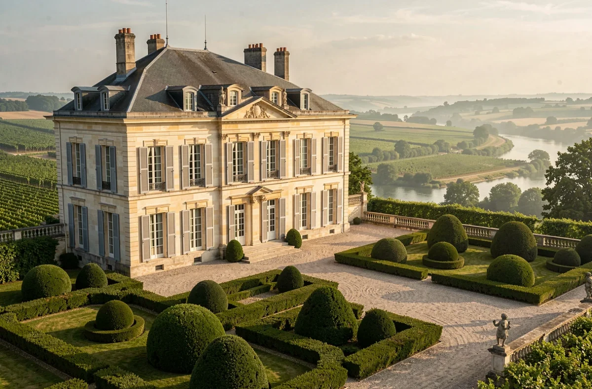 Château de Rochecotte avec sa façade en tuffeau et ses jardins à la française surplombant la vallée de la Loire