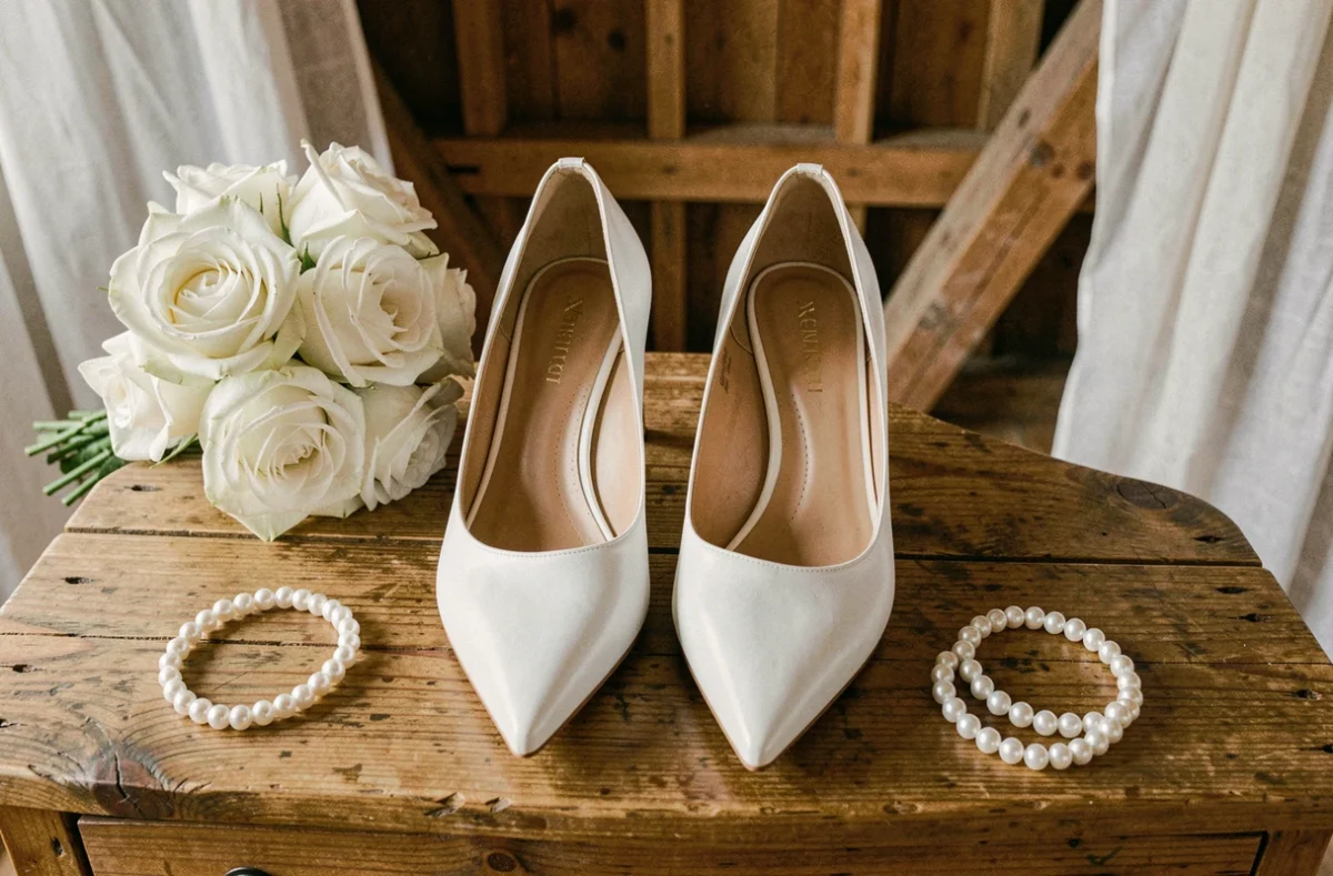 Deux chaussures de mariée blanches à talon aiguille posées sur une table en bois avec roses blanches et bracelet de perles