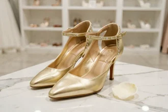 Chaussures de mariage dorées à talons hauts avec bride en cristal posées sur marbre blanc dans une boutique de mariée