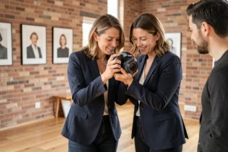 Photographe professionnelle à Lambersart discutant avec un client dans un studio photo moderne