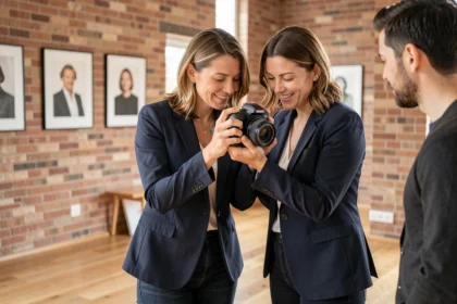 Photographe professionnelle à Lambersart discutant avec un client dans un studio photo moderne