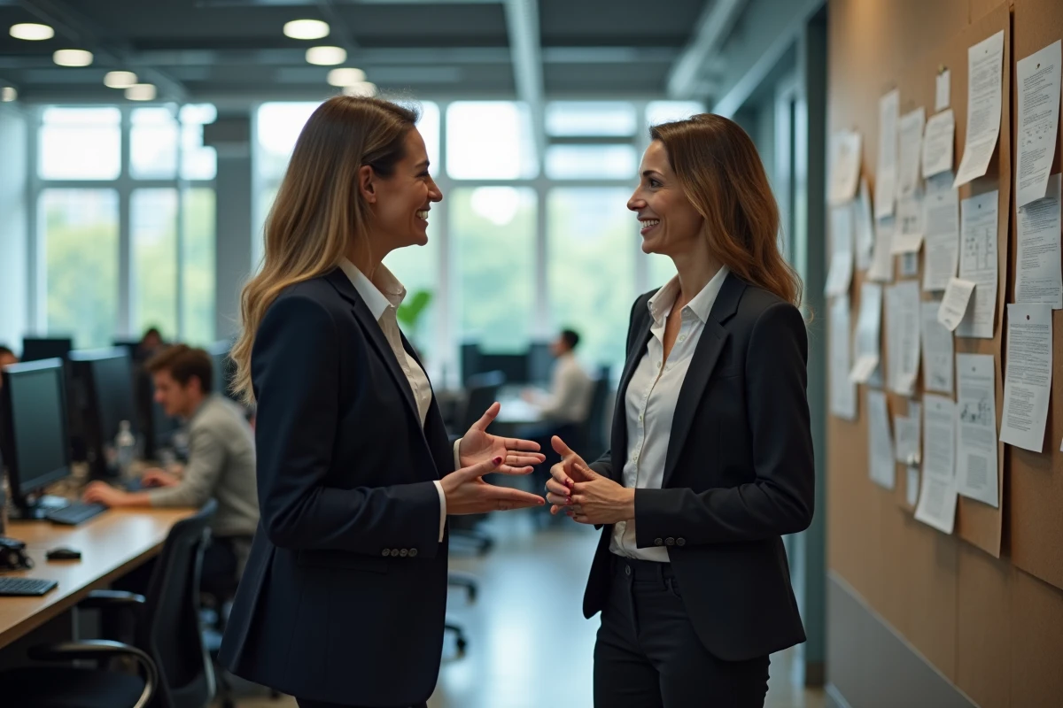 Deux collaboratrices de Véronique Jacquier en discussion dans une salle de rédaction moderne