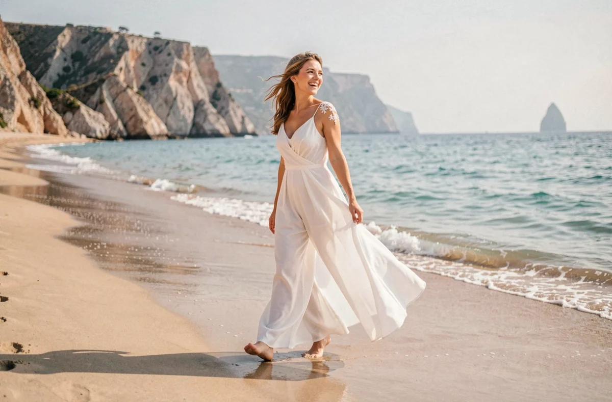Mariée en combinaison blanche en mousseline fluide à larges jambes marchant pieds nus sur une plage méditerranéenne, cheveux au vent, avec falaises rocheuses et eau turquoise en arrière-plan
