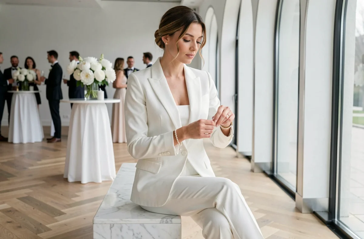 Femme portant une combinaison de mariée blanche en satin structuré avec blazer et boutons en perle, assise dans une salle de mariage moderne aux grandes fenêtres arquées et décor minimaliste