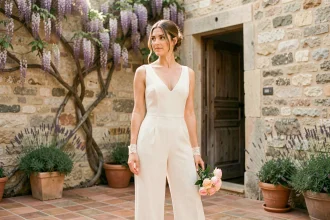 Mariée en combinaison blanche élégante à jambes larges dans une cour provençale en pierre, avec bouquet de roses, coiffure chignon et ambiance naturelle et lumineuse