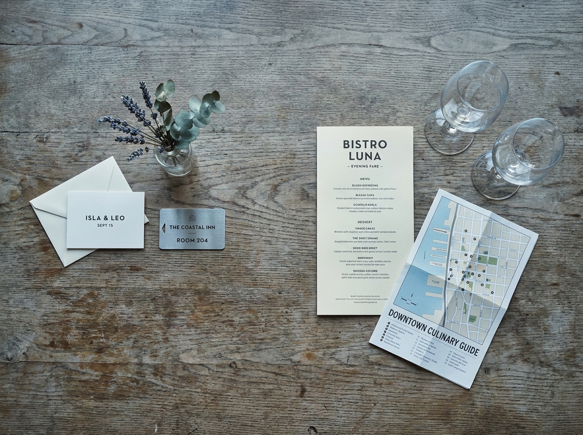 Comparaison visuelle entre un mariage avec hébergement et un dîner en ville : flat lay d'objets symboliques côte à côte sur bois